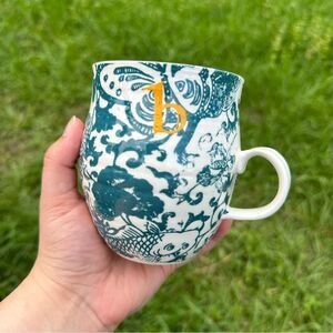 Anthropologie Homegrown Blue White Fish Floral B Monogram Mug Bohemian Coastal